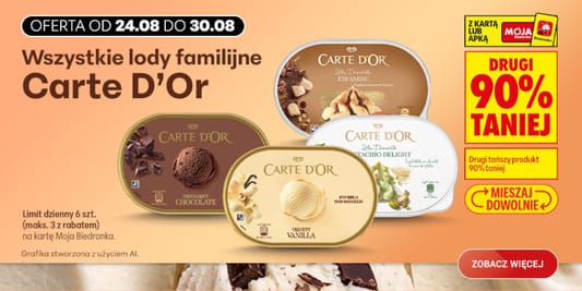 Biedronka: -90% na wszystkie lody familijne Carte d'Or 24.08.2026