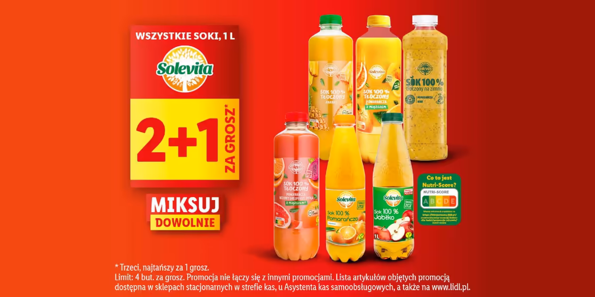 Lidl: 2+1 za GROSZ na soki Solevita