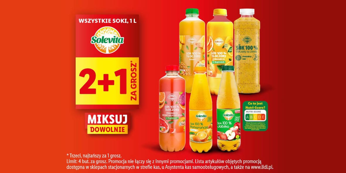 Lidl: 2+1 za GROSZ na soki Solevita 30.04.2025
