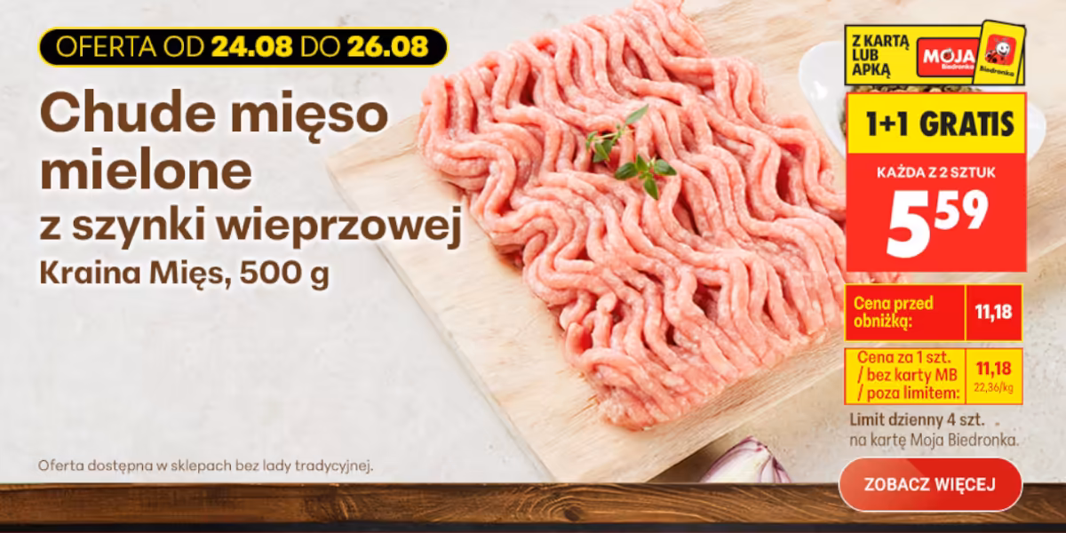 Biedronka: 1+1 GRATIS na chude mięso mielone z szynki wieprzowej