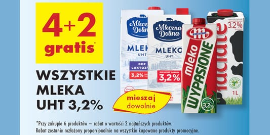 Biedronka: 4+2 GRATIS na wszystkie mleka UHT 3,2% 29.04.2025